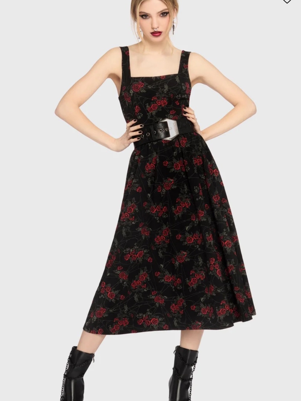 Killstar Black Midi Dress with Red Rose Print
